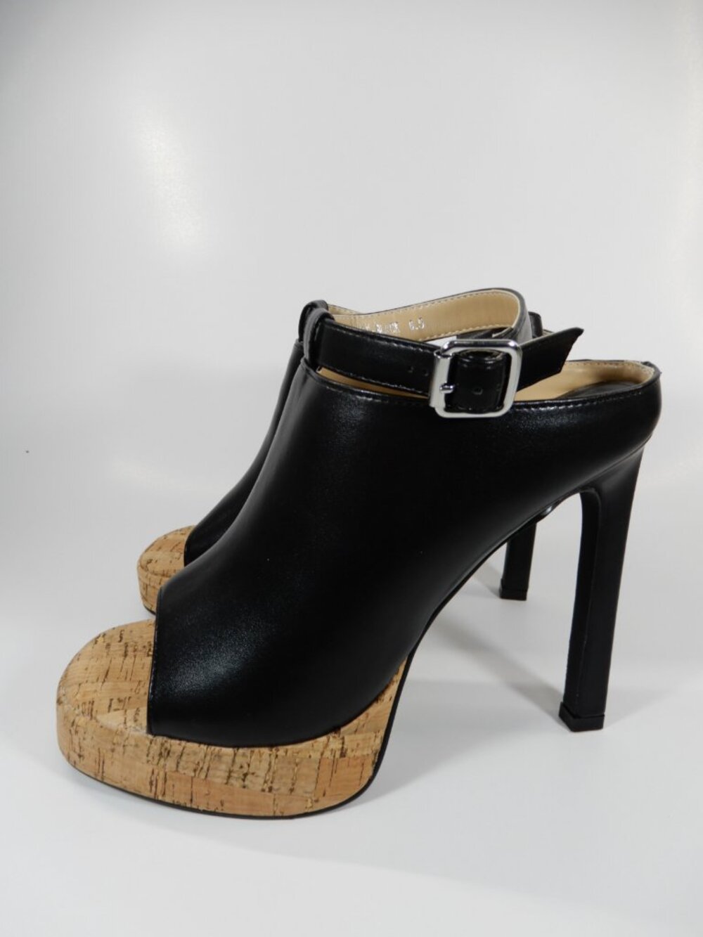 AZALEA WANG Maelie Peep Toe Shoes Cork Platform Stiletto Heel Size 6.5 Black NEW - Picture 4 of 13